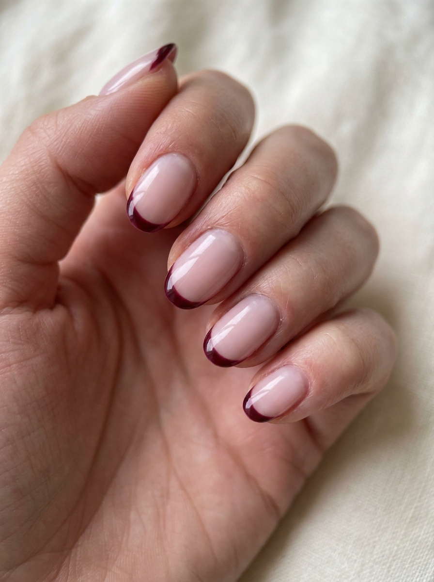 Dark Red French auf Milky Pink als Dunkelrote Nägel Ideen Inspiration 2026